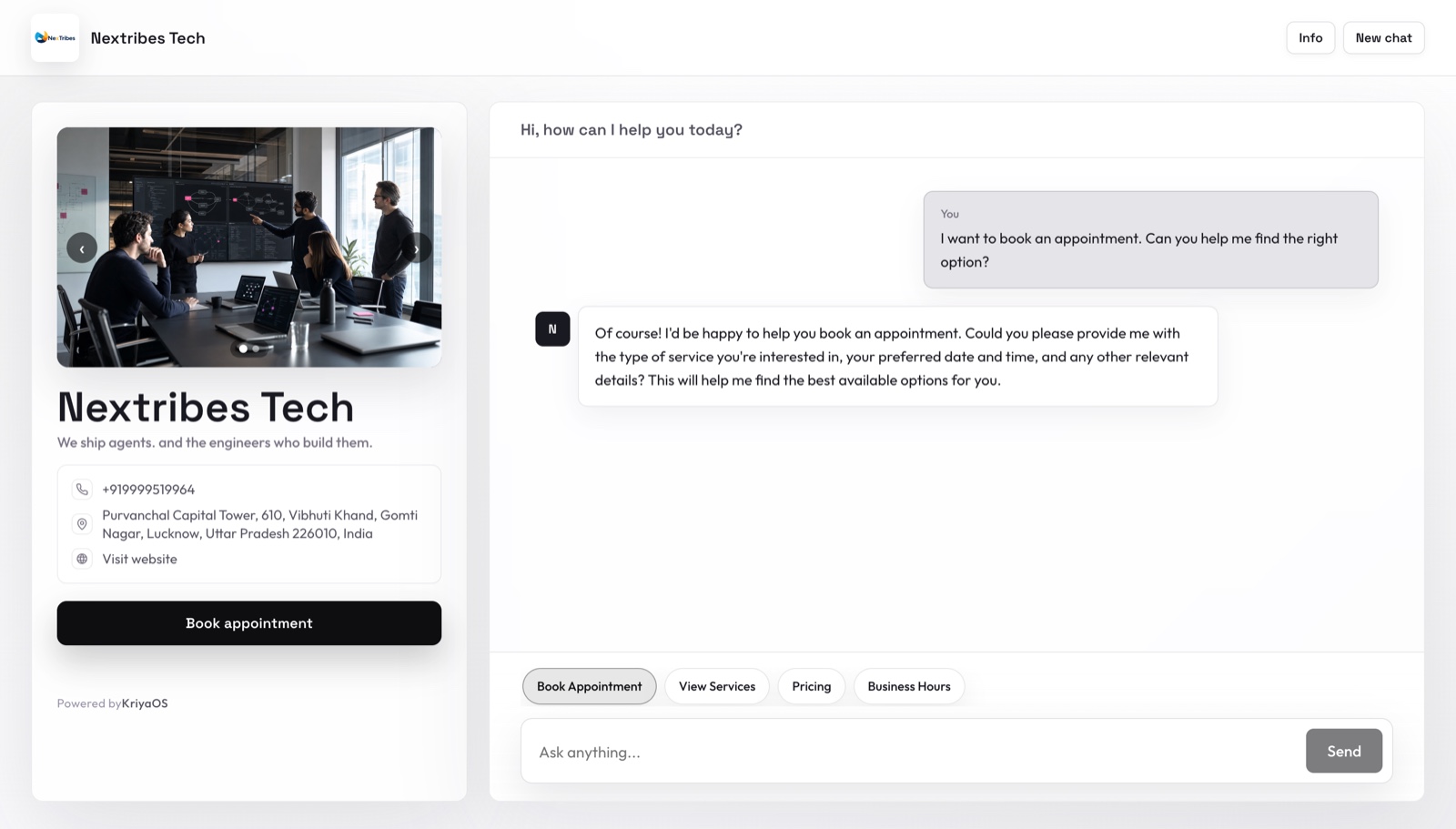 A live KriyaOS business agent page answering a customer and capturing a booking